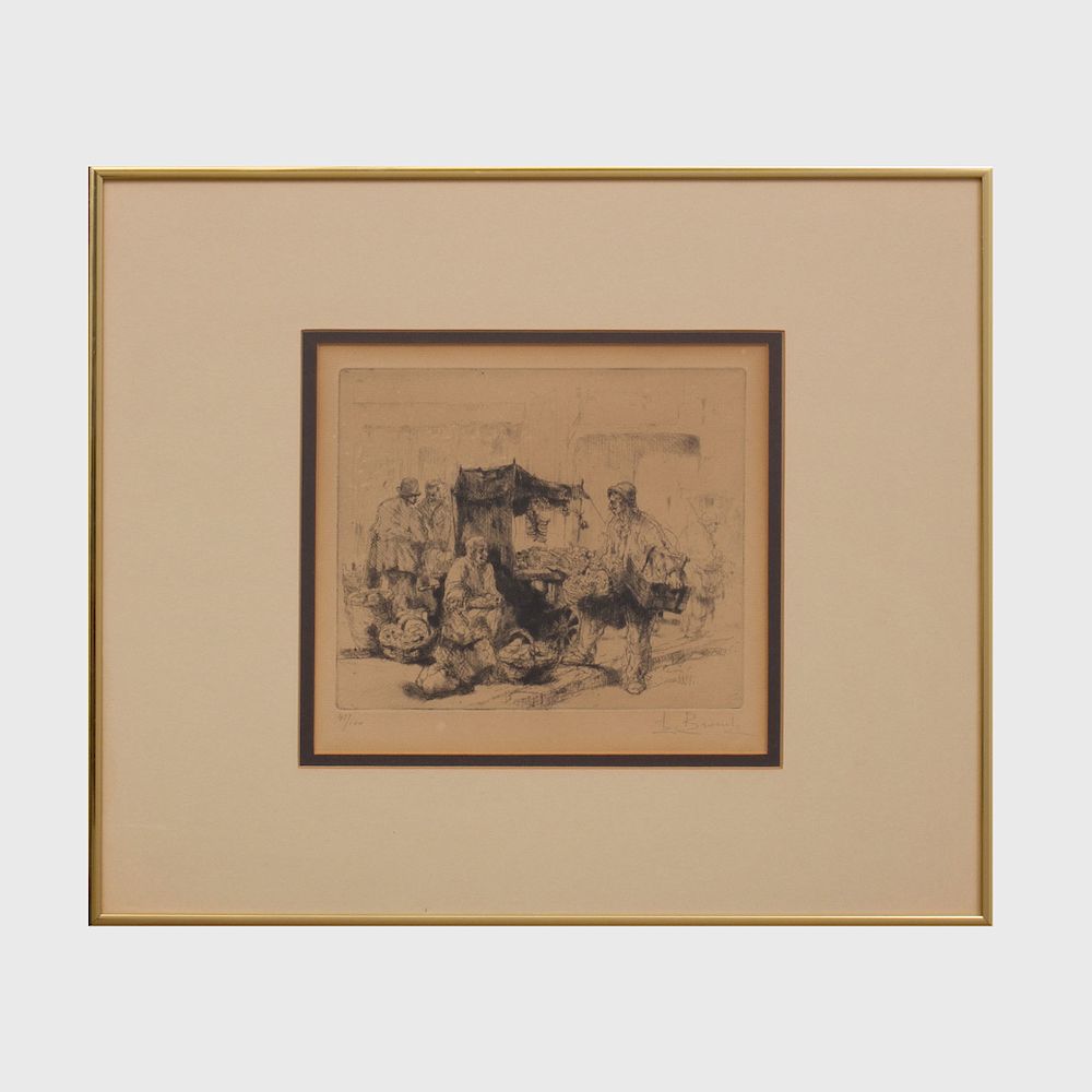 Appraisal: European School Market Scene Etching in black on laid paper