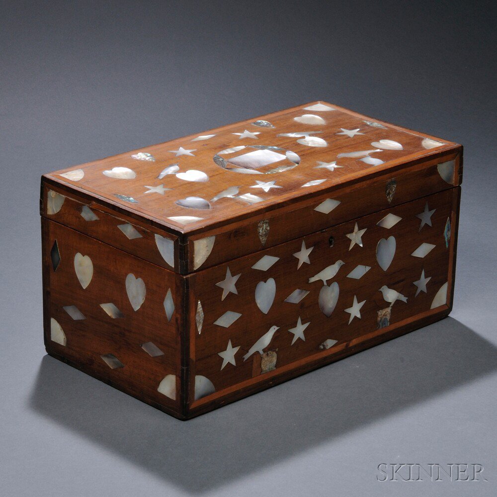 Appraisal: Sailor-made Inlaid Mahogany Sewing Box th century rectangular box with