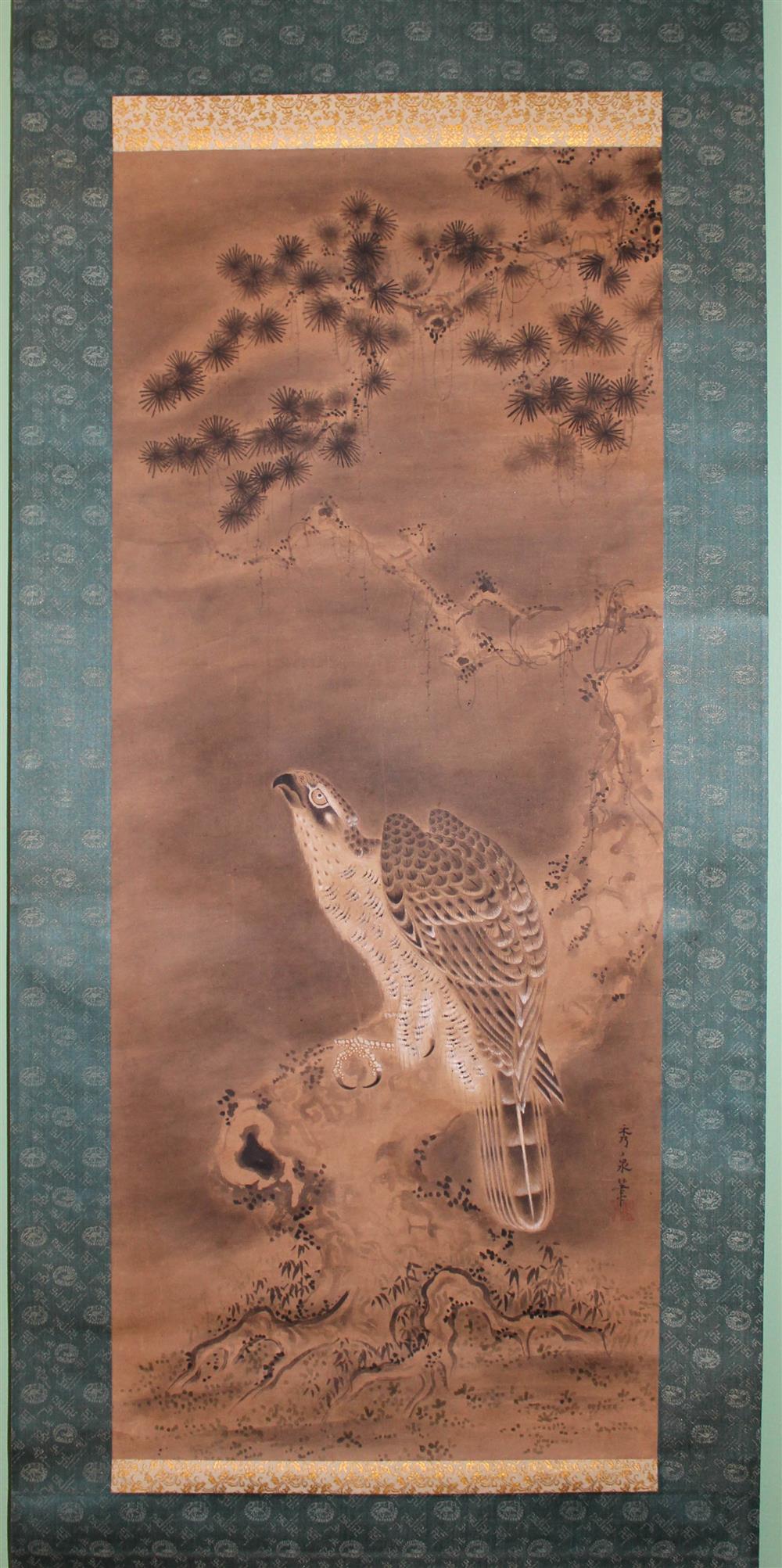 Appraisal: SHUSEN JAPANESE TH CENTURY HAWK ON A PINE TREE Ink