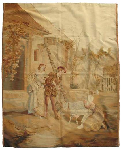 Appraisal: Aubusson pictorial tapestry france circa early th century Elegant Couple