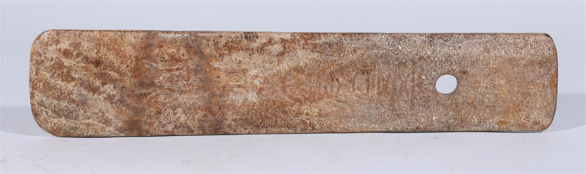 Appraisal: Large Chinese carved hard stone archaistic blade with calligraphy to