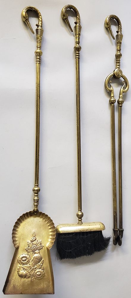 Appraisal: Set of Vintage Brass Figural Swan Head Firetools Set of