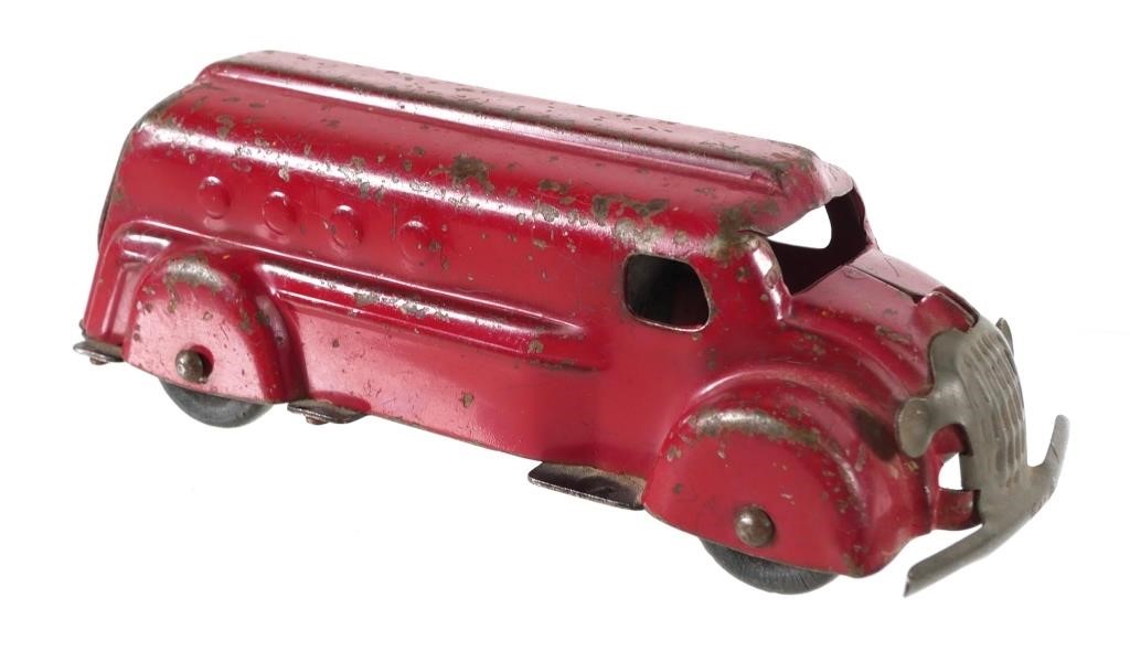 Appraisal: Vintage toy bank in shape of oil tanker red painted