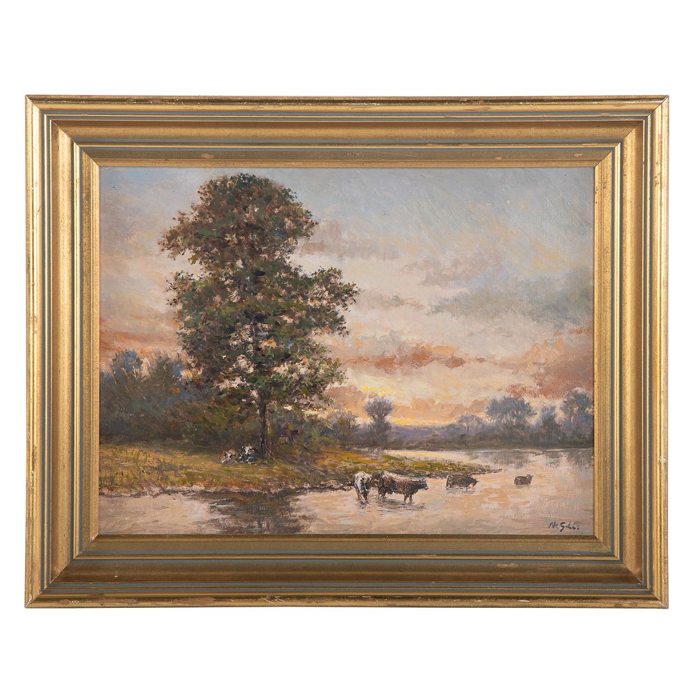 Appraisal: Nathaniel Gibbs Barbizon Cattle Stream Study American - Oil on