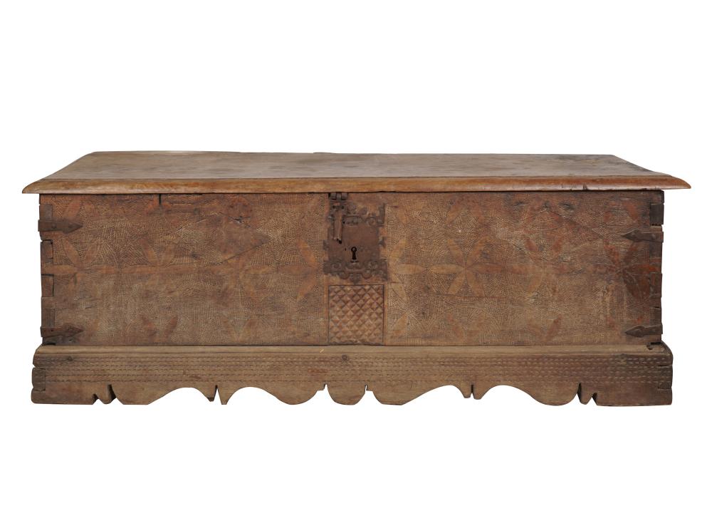 Appraisal: IRON-MOUNTED CARVED WALNUT CHESTthe front panel and apron chip-carved with