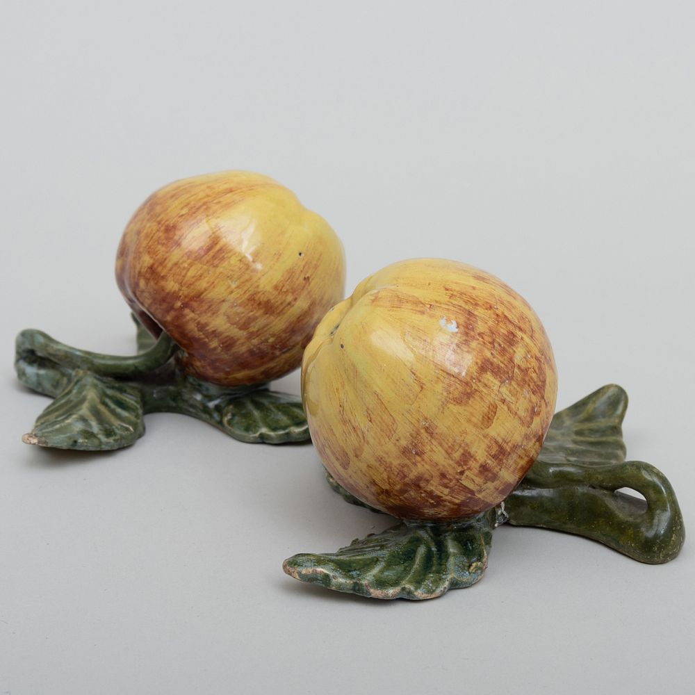 Appraisal: Pair of Dutch Delft Models of Apples on Fixed Leaf