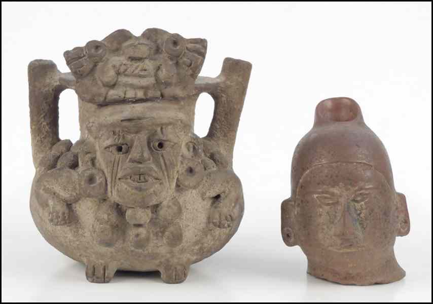 Appraisal: PRE-COLUMBIAN STYLE POTTERY VESSEL Together with a pottery warrior's head