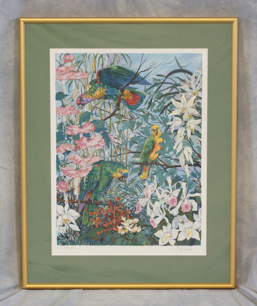 Appraisal: John Powell American serigraph Parrots and Hibiscus signed and numbered