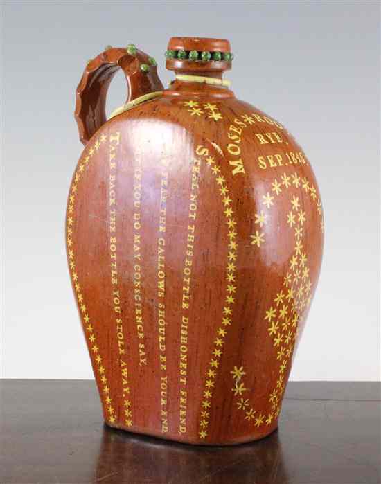 Appraisal: A rare documentary Rye lead-glazed pottery flask dated decorated in