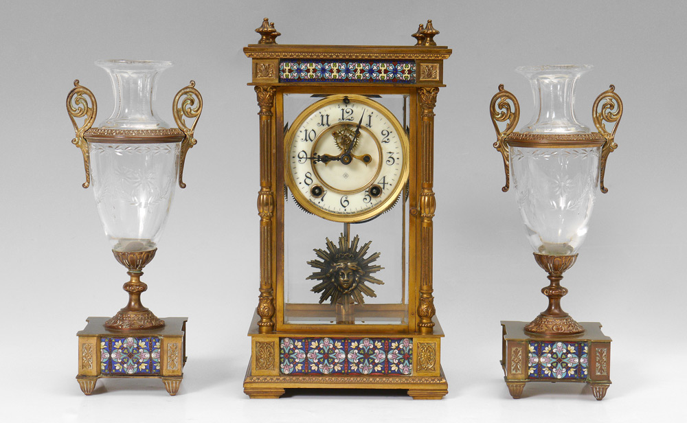 Appraisal: ANSONIA CHAMPLEVE CLOCK GARNITURE SET piece total to include a