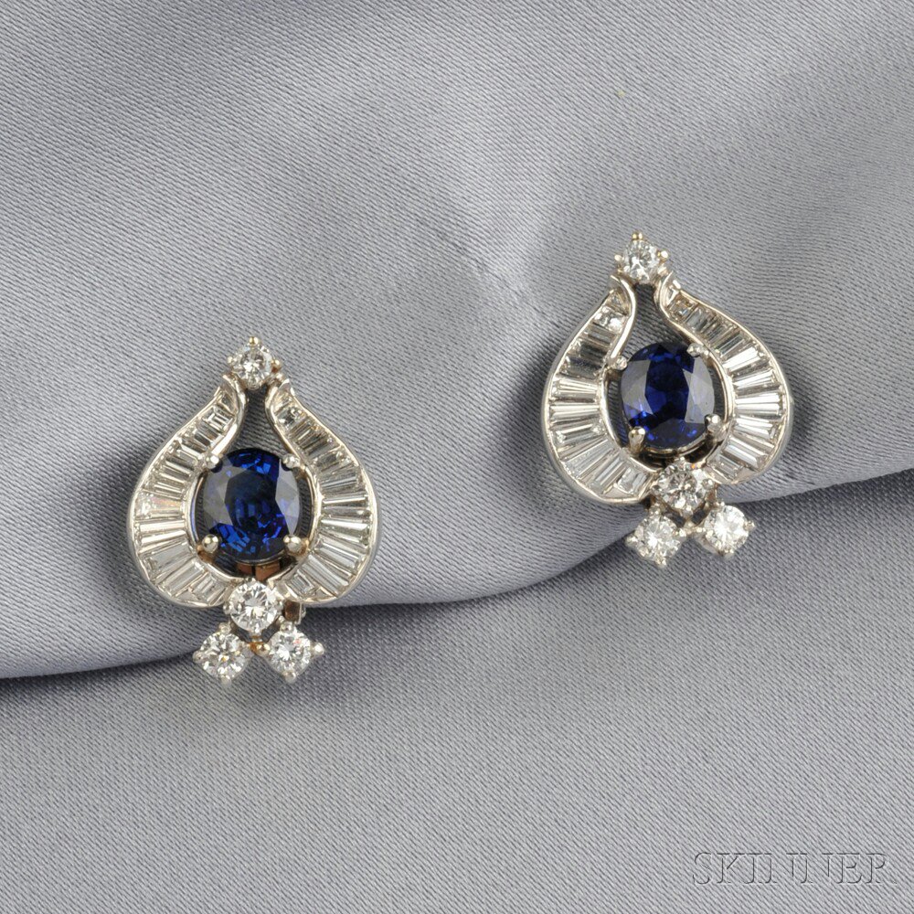 Appraisal: Platinum Sapphire and Diamond Earclips Oscar Heyman each shaped as