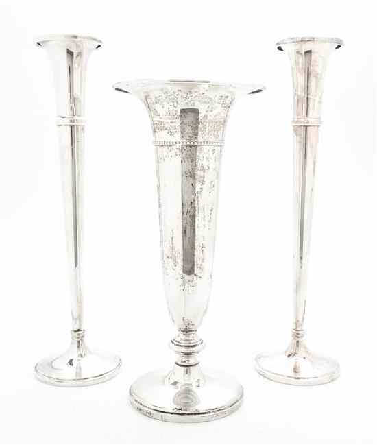 Appraisal: Three American Sterling Silver Trumpet Vases Marshall Fields and Baldwin