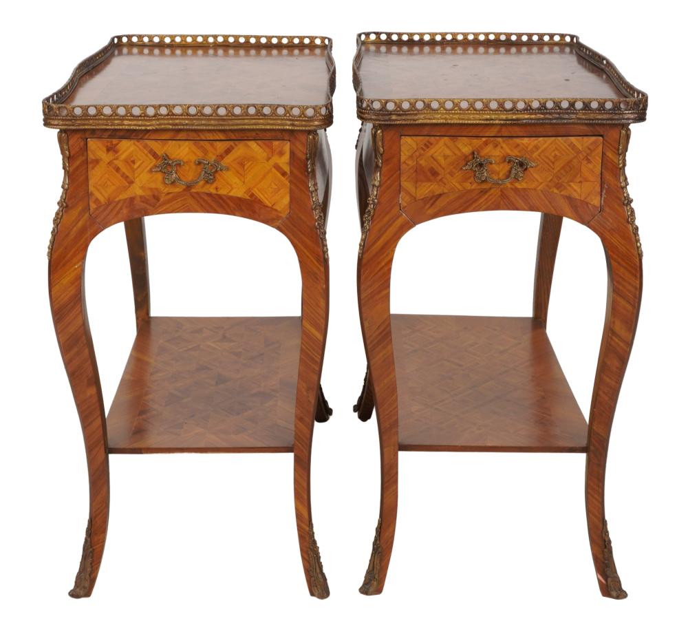 Appraisal: PAIR OF LOUIS XV-STYLE PARQUETRY END TABLESafter each with pierced