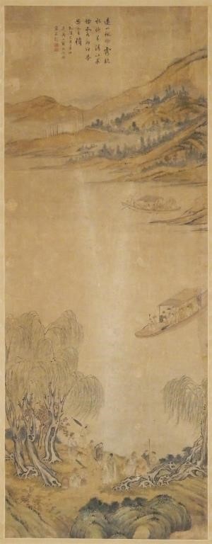 Appraisal: CHINESE SCROLL PAINTING LANDSCAPE SIGNEDAntique Chinese brush painting showing boats