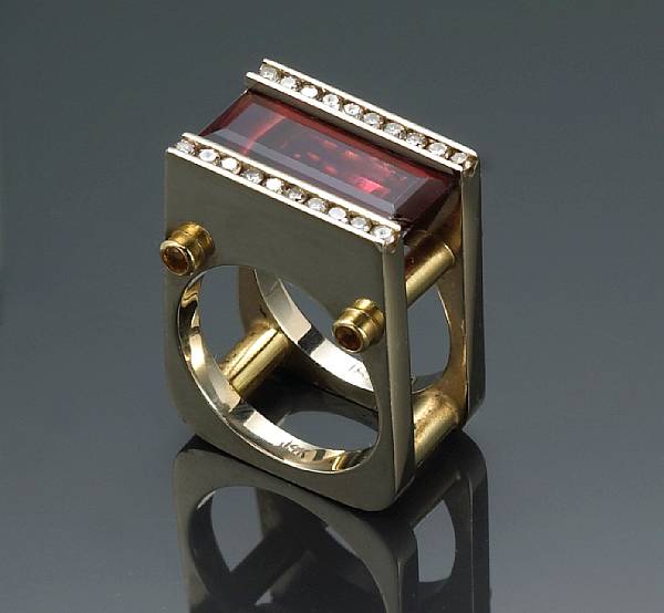 Appraisal: A red tourmaline diamond and yellow stone rectangular ring featuring