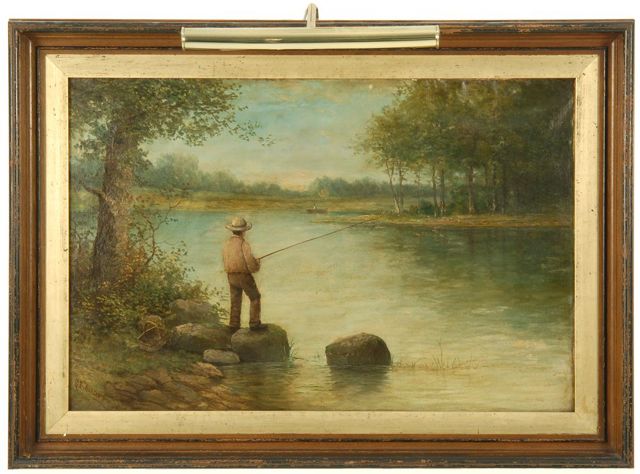 Appraisal: G E BARDONAmerican Late th CenturyFisherman on a pond shore