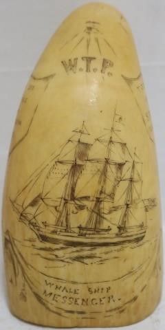 Appraisal: TH CENTURY SCRIMSHAW WHALE'S TOOTH DEPICTINGTHE WHALESHIP MESSENGER SIGNED WTP