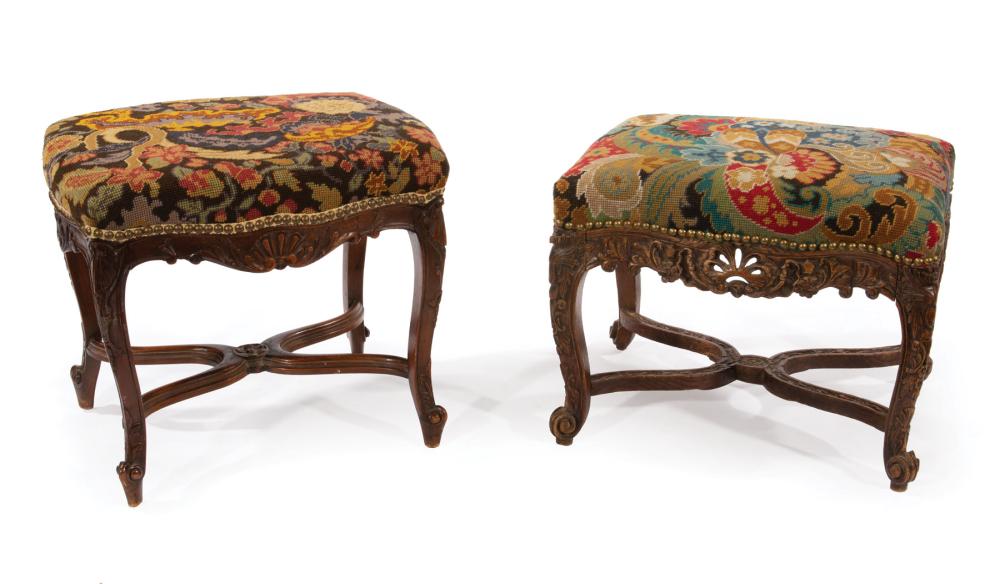 Appraisal: Two Louis XV-Style Carved Walnut Stools foliate and shell carved