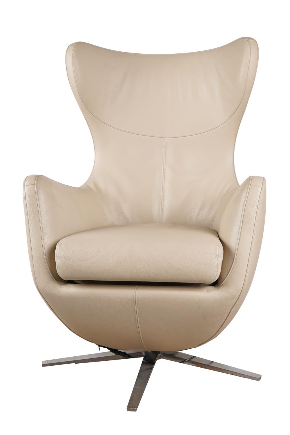 Appraisal: MODERN LEATHER LOUNGE CHAIRbeige leather on chrome base inches wide