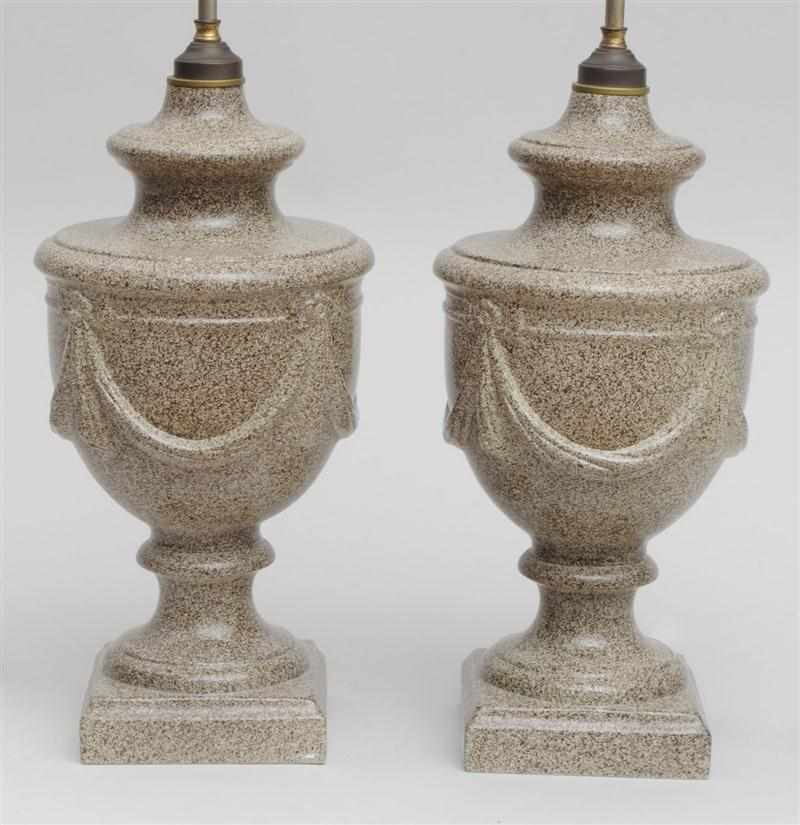 Appraisal: PAIR OF COMPOSITION FAUX GRANITE URN-FORM LAMPS SIGNED LUCY VAUGHN