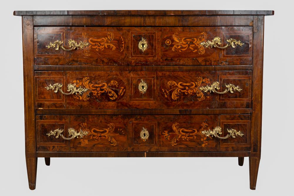 Appraisal: NEOCLASSICAL MARQUETRY-INLAID COMMODEthe rectangular top over three long drawers the