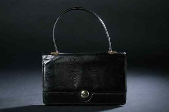 Appraisal: VINTAGE LEDERER BLACK SNAKESKIN HANDBAG s gilt-stamped Lederer Made in