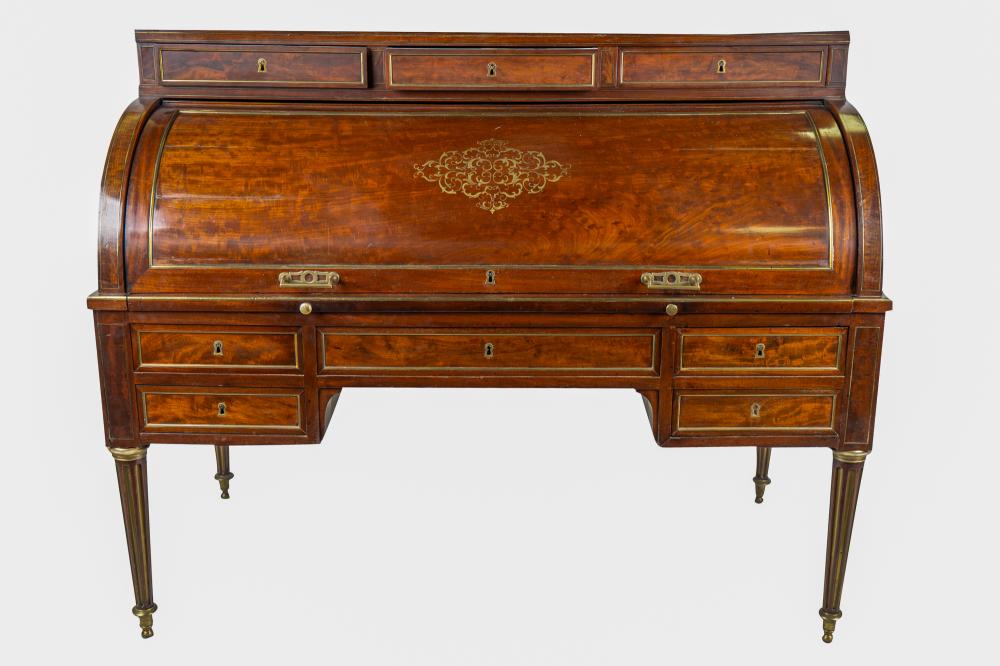 Appraisal: LOUIS XVI STYLE GILT METAL-MOUNTED MAHOGANY CYLINDRICAL DESKthe galleried white