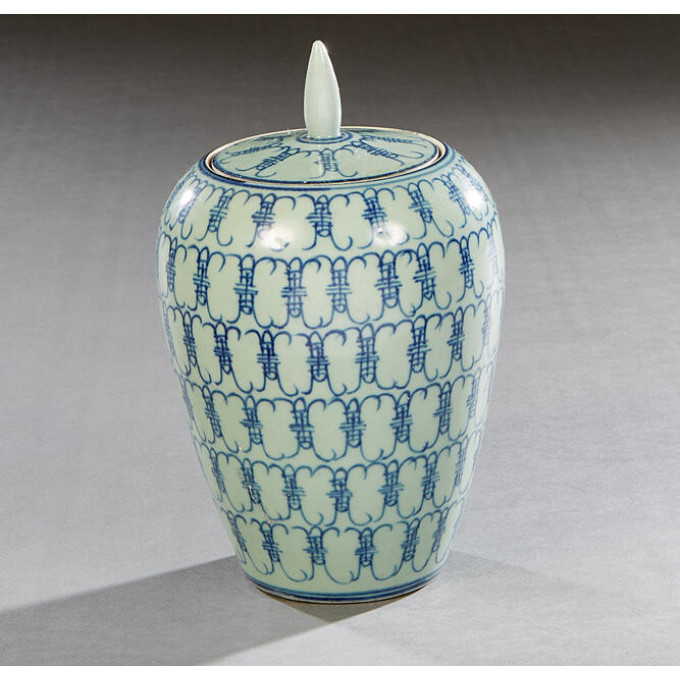 Appraisal: Chinese Pale Blue Baluster Covered Jar with dark blue geometric