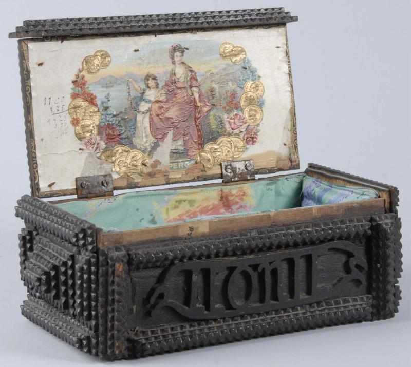 Appraisal: Tramp Art Box Dedicated to Leonie Description Ebonized box with