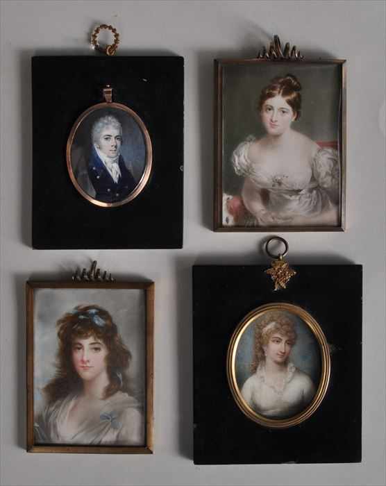 Appraisal: THREE PORTRAIT MINIATURES OF LADIES AND ONE OF A GENTLEMAN