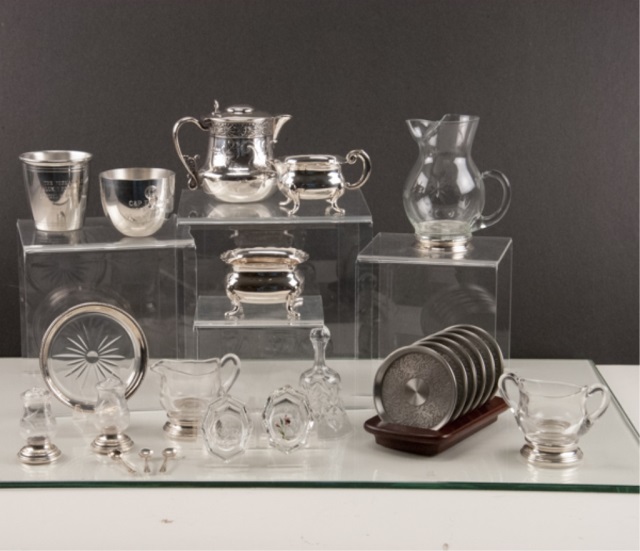 Appraisal: Sterling Glass Silverplate Items Sterling and etched glass salt pepper