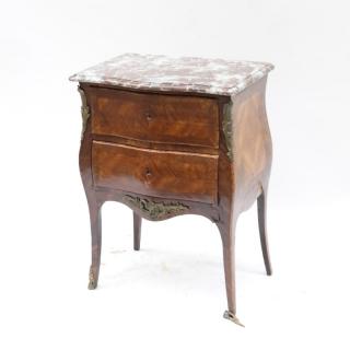 Appraisal: Louis XV-style marble top two-drawer commode fruitwood marquetry with bronze