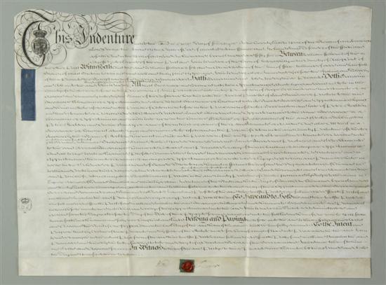 Appraisal: BRITISH INDENTURE Framed certificate in manuscript hand on vellum with