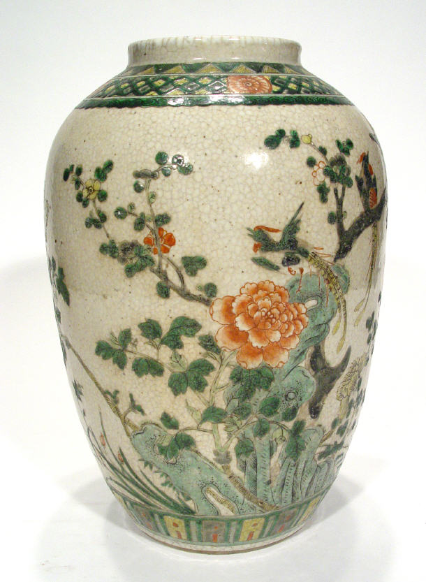 Appraisal: Large Chinese crackle glazed porcelain vase incised and enamelled with