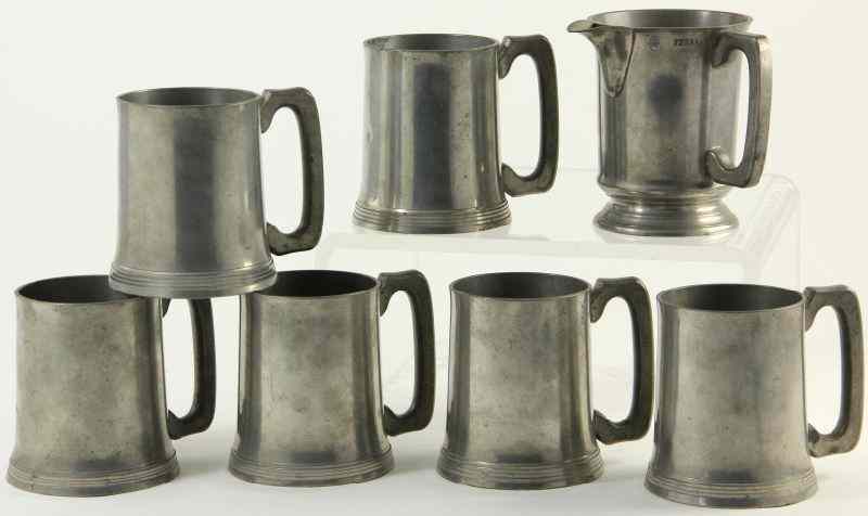 Appraisal: Six English Mugs and Pint Pitcherheavy aluminum signed ''Gaskell Chambers