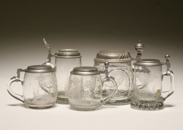 Appraisal: Six Bohemian decorated steins mugs all with pewter lids and