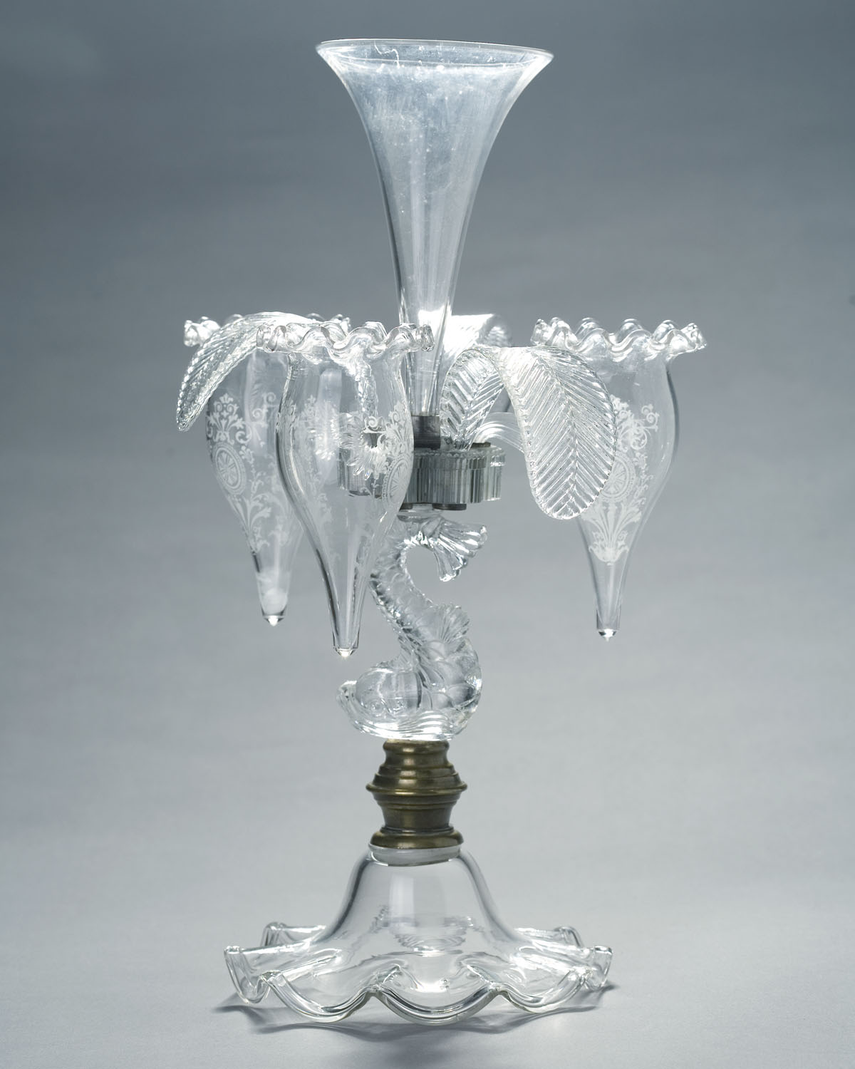 Appraisal: FREE-BLOWN MOLDED AND ACID ETCHED COLORLESS 'DOLPHIN' EPERGNE BOSTON AND