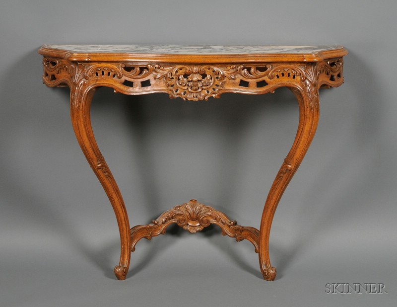 Appraisal: Louis XV Style Marble-top Carved and Pierced Beechwood Serpentine Console