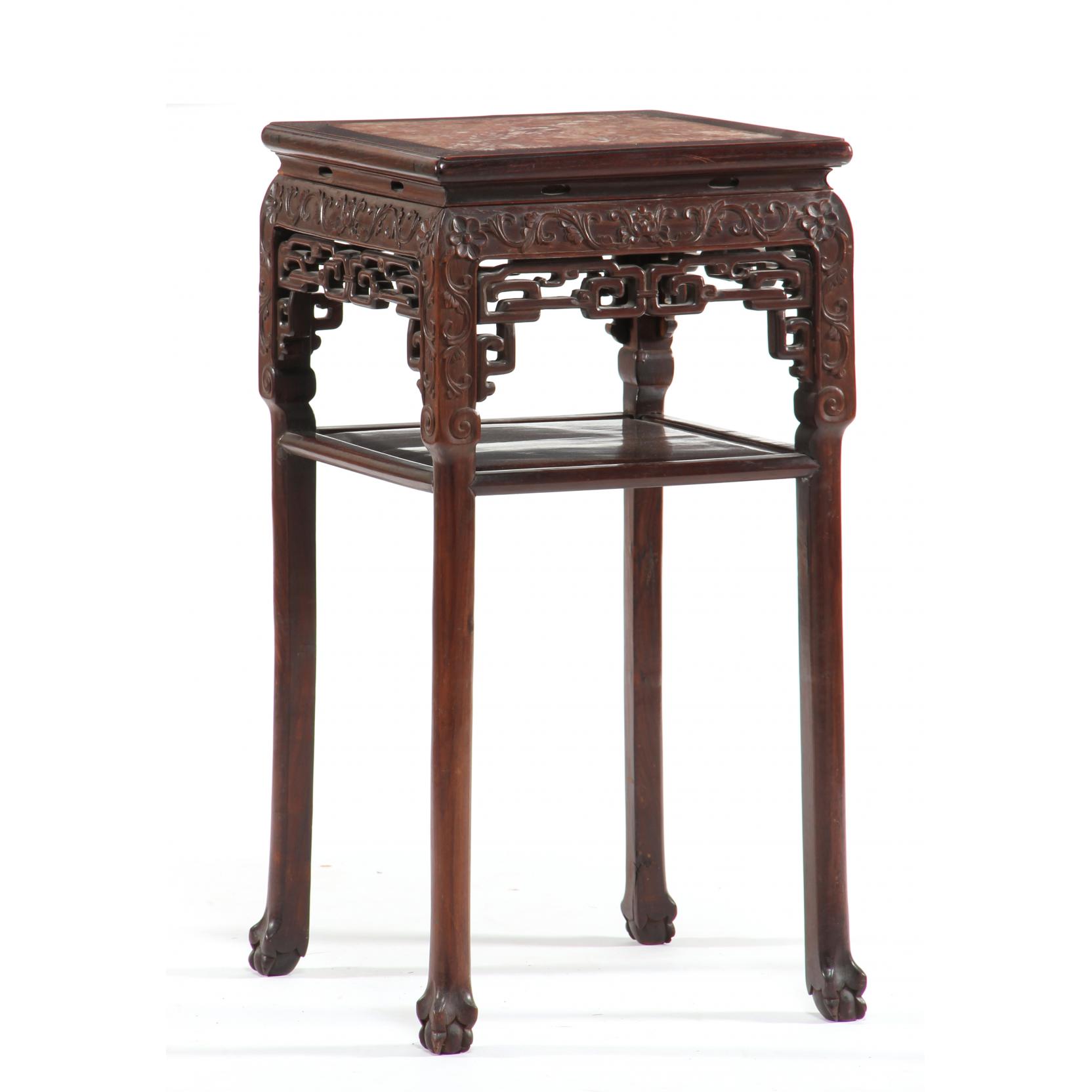 Appraisal: Chinese Tall Carved Marble Top Stand circa hardwood square form