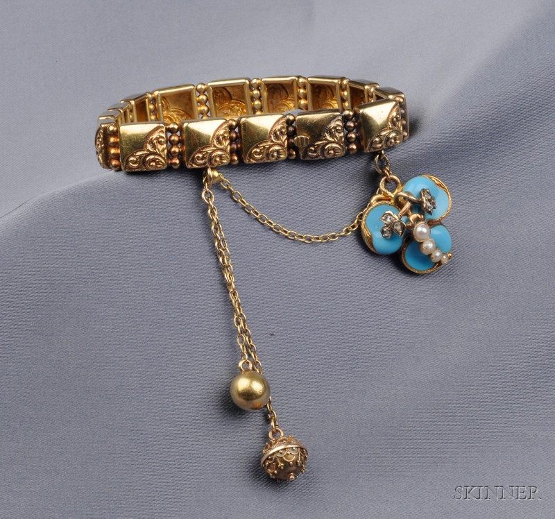 Appraisal: Antique kt Gold and Enamel Bracelet the square link bracelet