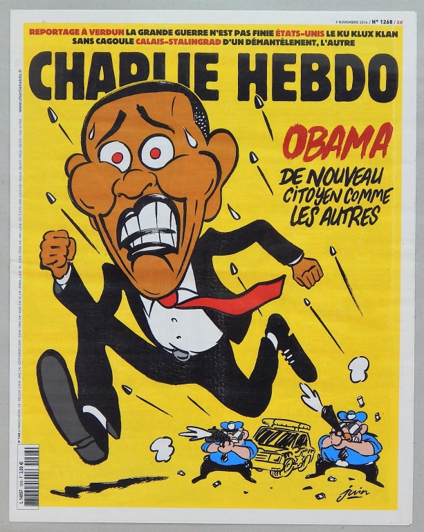 Appraisal: CHARLIE HEBDO BARACK OBAMA MAGAZINE COVER France Cartoon depiction of