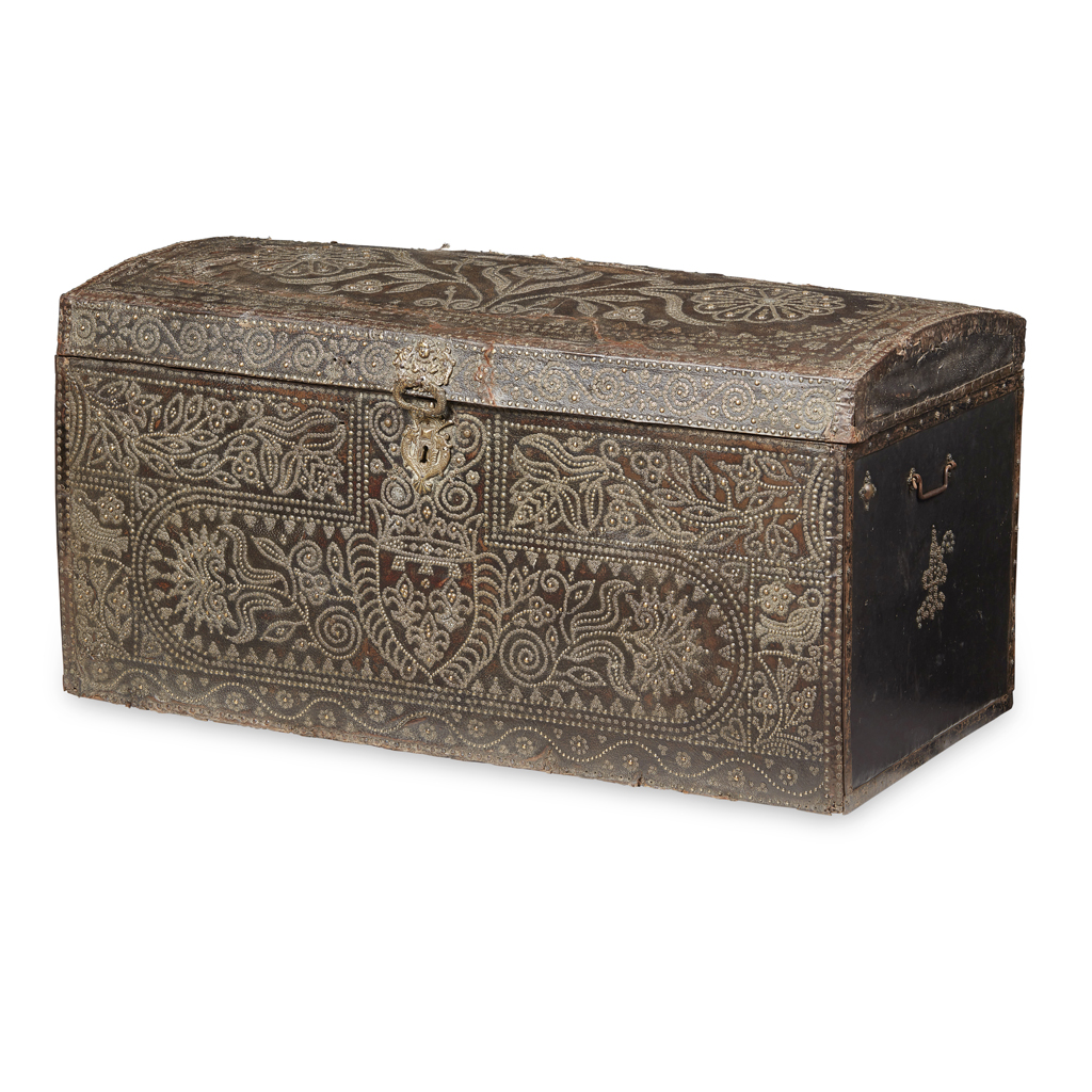 Appraisal: LARGE FRENCH HIDE AND STUD DECORATED TRUNK OF ROYAL INTEREST