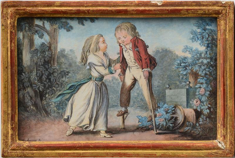 Appraisal: FRENCH SCHOOL GARDEN VIEW WITH BOY ON STILTS AND GIRL