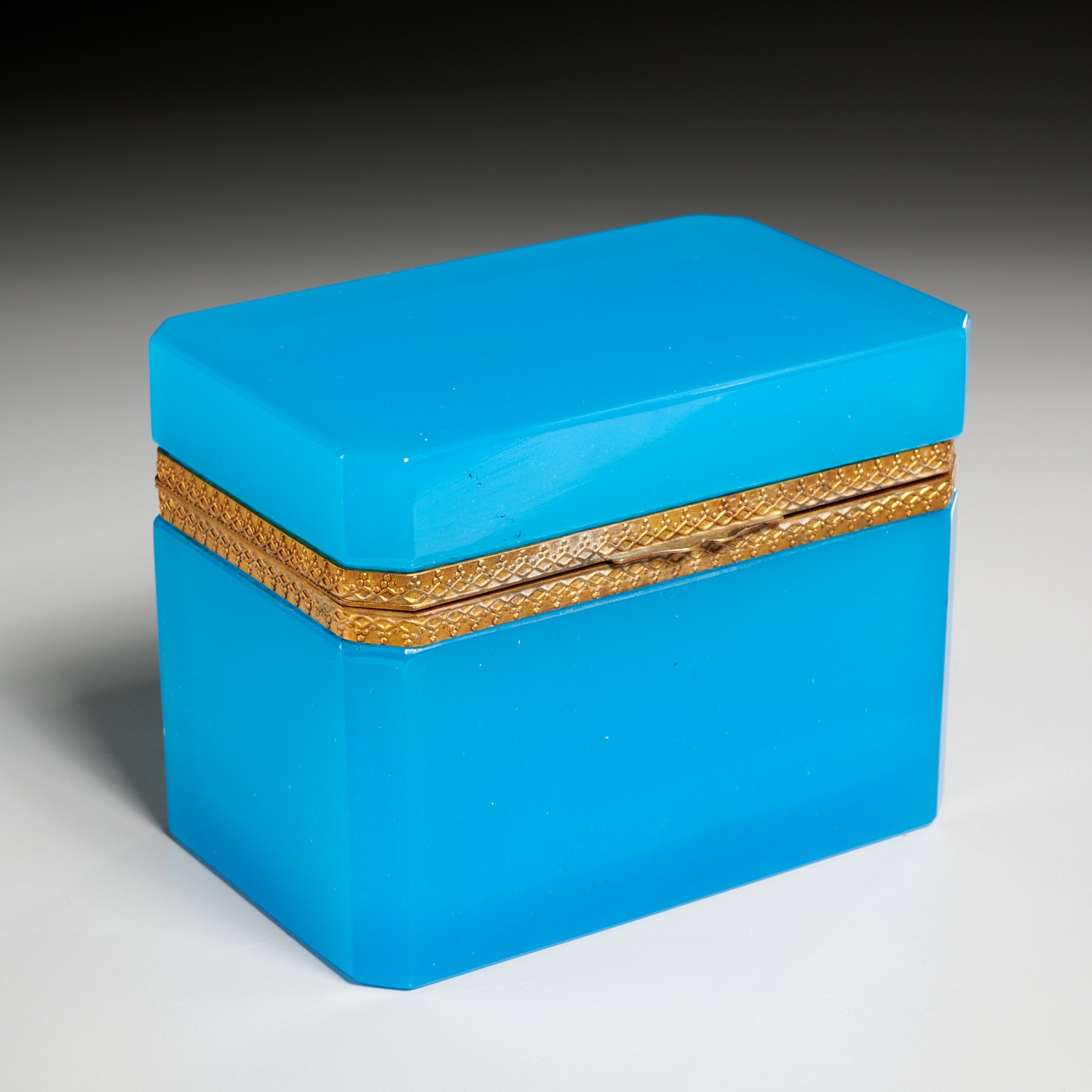 Appraisal: ANTIQUE BLUE OPALINE GLASS DRESSER BOX th c brass mounts