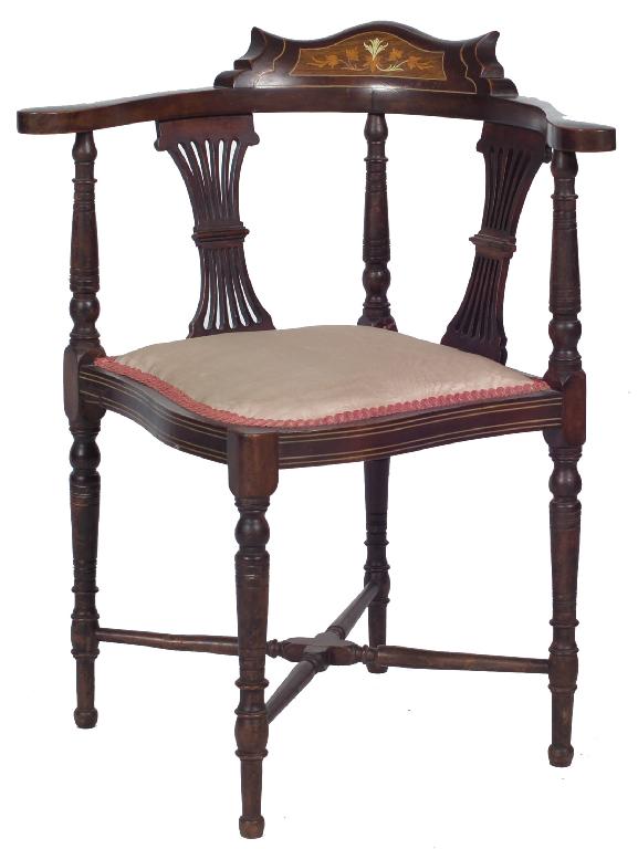 Appraisal: EDWARDIAN INLAID MAHOGANY CORNER CHAIR with waisted pierced splats raised