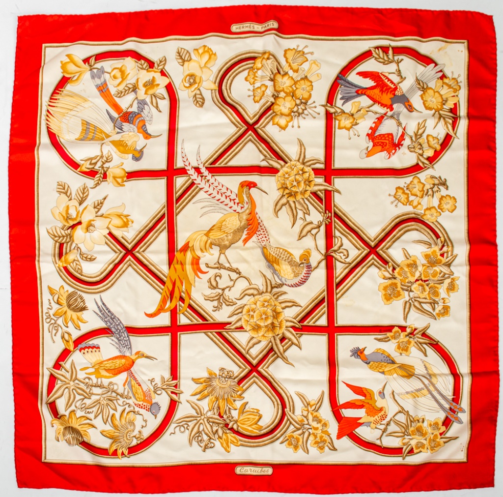 Appraisal: HERMES RED CARAIBES SQUARE SILK SCARF Hermes square silk scarf