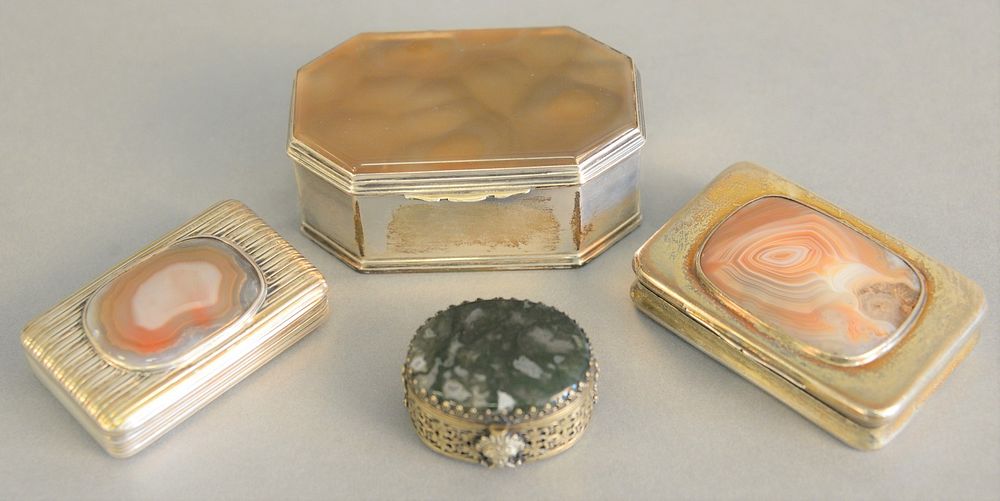 Appraisal: Four silver boxes mounted with stone covers snuff boxes small