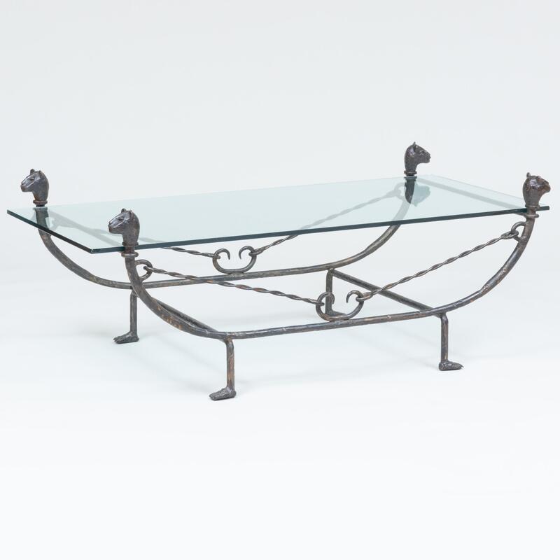 Appraisal: Bronze Wrought Iron and Glass Low Table In the Style