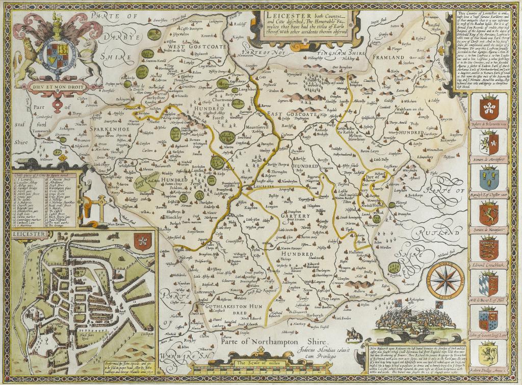 Appraisal: JOHN SPEED LEICESTER double page engraved map with plan of