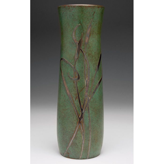 Appraisal: Silver Crest vase sterling decorated bronze applied cattail designs original